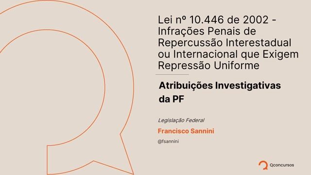 Lei nº 10.446 de 2002 - Infrações Penais de Repercussão Interestadual ou Internacional que Exigem Repressão Uniforme - 05 - Atribuições Investigativas da PF