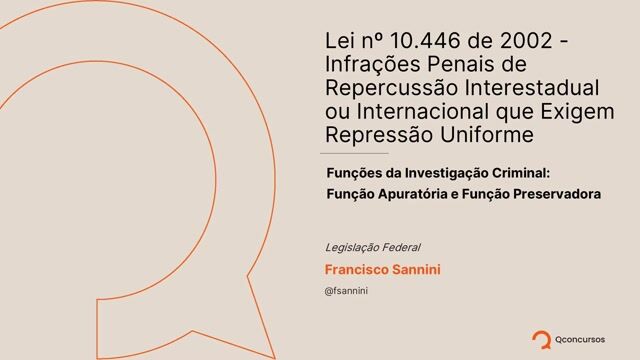  Lei nº 10.446 de 2002 - Infrações Penais de Repercussão Interestadual ou Internacional que Exigem Repressão Uniforme - 01 - Funções da Investigação Criminal: Função Apuratória e Função Preservadora